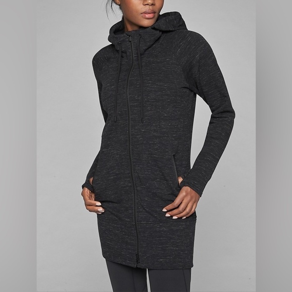Athleta Longline Gray Zip-Up Hoodie Athleisure  Fleece-Lined Cozy Jacket